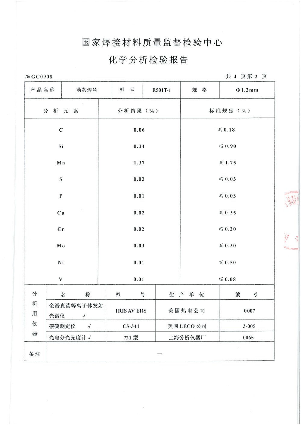 药芯焊丝检测报告第二页 