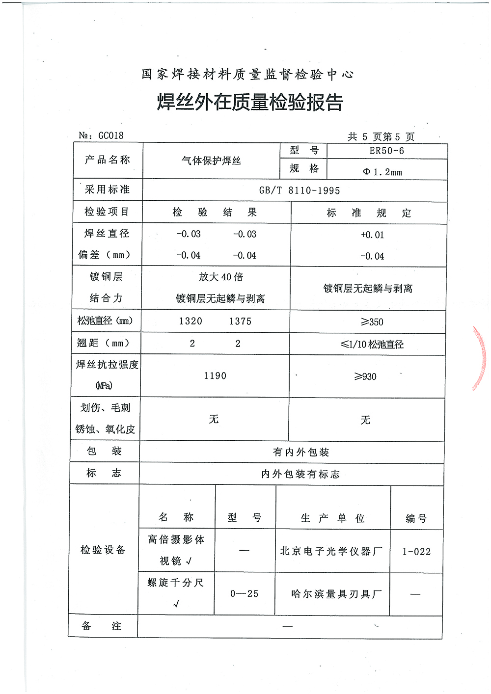 气体保护焊丝检测报告第五页 